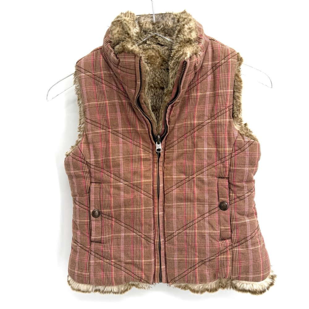 Y2K Gap Brown Pink Plaid Faux Fur Lined Vest Size XS Jacket Preppy Cabin Forest